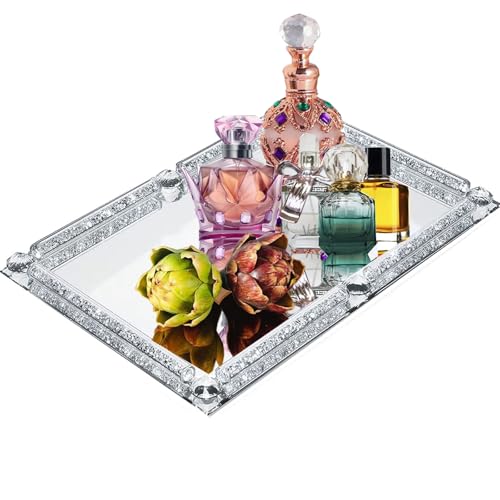 Large Crystal Tray, Glass Mirror Modern Jewelry Trinket Trays with Crushed Diamond, 15.7" x 11.8" Rectangular Makeup Perfume Tray for Bathroom Bedroom, Home Decor, Hotel Banquet, Party (Silver C) - color: Silver C