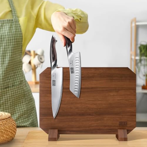 HOSHANHO Magnetic Knife Block, Thickened Acacia Wood Kitchen Knife Holder Stand with Strong Magnets, Multifunctional Double Side Knife Storage Organizer for Kitchen Counter - size: 14*10*4.7 inch