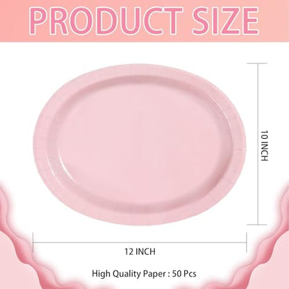 Grencian 50Pcs Pink Oval Paper Plates 10" x 12" Large Disposable 400GSM Heavy Duty Light Pink Paper Plates for Valentine's Day Girls Women Birthday Wedding Bridal Shower Baby Shower Party Supplies - style: Pink Oval Plates Set