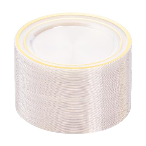 BESTVIP 100PCS Clear Plastic Plates, 10.25 Inch Disposable Dinner Plate Party with Gold Rim, Heavy Duty Disposable Plastic Plates for Party, Wedding and Birthday, Christmas, Thanksgiving - color: Clear Gold, size: 100PC