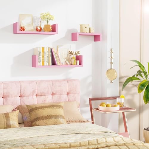 SRIWATANA Floating Shelves Wall Mounted, Solid Wood Wall Shelves, Pink - color: Pink