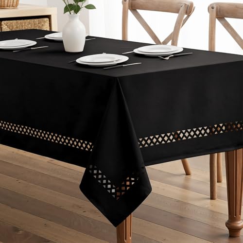 MIULEE Black Rectangle Linen Polyester Tablecloth with Decorative Cutouts Spring Waterproof Stain Resistant & Shrink-Proof Table Cloth 52x70 inch Farmhouse Style for Dining Wedding and Outdoor - color: Black, size: 70" x 52" (Rectangular)