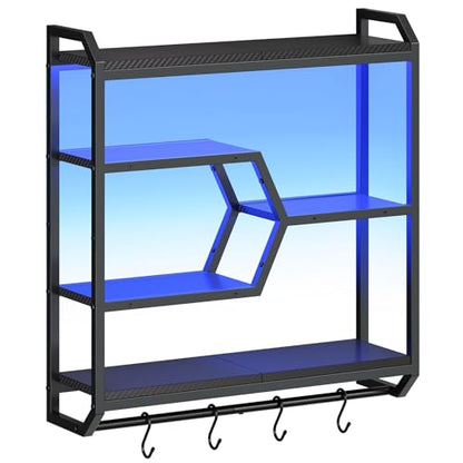 HOOBRO Gaming Floating Shelf with LED Lights, 27.5" LED Wall Mounted Shelf with Hanging Rod & 4 S-Hooks, 4-Tier Hanging Display Rack, for Living Room, Gaming Room, Black BB71DBJ01 - color: Black