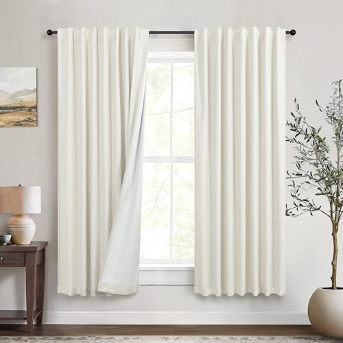 Neutral Rustic Nursery Blackout Curtains for Bedroom 58 Inches Long Cream Ivory Insulated Thermal Curtains for Summer Heat Blocking Linen Custom Drapes Back Tab Pleated Industrial Farmhouse 58 Length - color: Natural, size: 52"W x 58"L (Pack of 2)