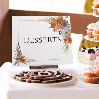Indie Autumn Floral Desserts Sign / 8" x 9" Trendy Wedding Event Sign/Boho Fall Feather Table Top Dessert Event/Sweets And Treats Table Plaque/Made In The USA - color: Indie Autumn Floral, style: Desserts