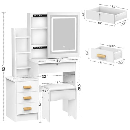 Vanity Desk with Mirror and Lights,Makeup Vanity with Extra Hidden Stroage,Makeup Desk with 4 Drawers 7 Open Shelves,Dressing Table for Bedroom,3 Color Light Modes,Small Vanity Desk（US Fast Arrival）