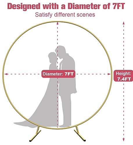 7 Ft Round Wedding Arch Stand with Metal Base for Flower Balloon Decoration, Circle Backdrop Stand Frame for Ceremony, Birthday Party, Baby Shower, Gold - color: Gold