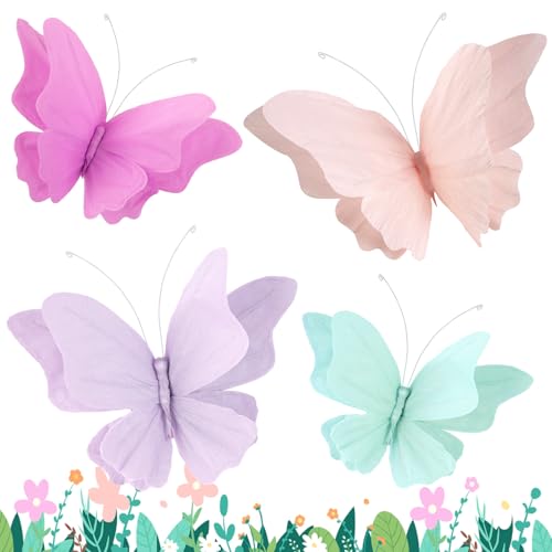 3D Hanging Butterfly Decorations, Butterfly Birthday Party Decorations, 4 Pcs Crepe Paper Butterfly Hanging Decorations for Girls, Women, Flower Garden Party Decorations - color: Purple Green
