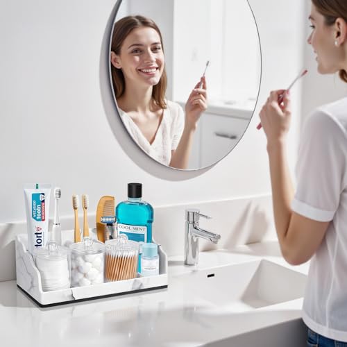 TuCao Bathroom Counter Organizer with 3PCS Qtip Holder, Marble Toothbrush Holders for Bathrooms, Bathroom Organizers and Storage with Drain Holes, Electric Toothbrush Holder, Vanity Organizer - color: Black, size: 3 Cups