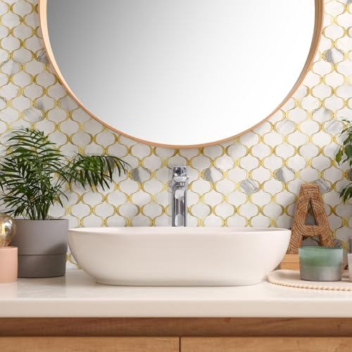 10 Sheet Arabesque Peel and Stick Backsplash Tile, Stick on Backsplash for Kitchen and Bathroom Wall, Marble White Look PVC Mixed Metal Gold - color: Marble White Mixed Metal Gold