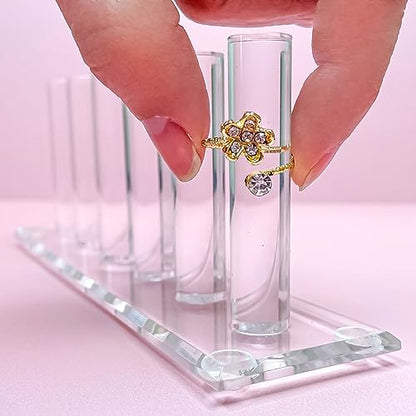 FROG SAC 6 Rod Ring Holder Jewelry Stand, Clear Acrylic Ring Display Organizer For Girls Room, Small Cylinder Storage For Multiple Rings For Women