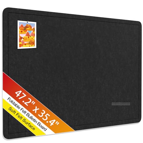 Bulletin Board,47.2 x 35.4 inches Foldable Decorative Large Felt Pin Board Photo Display Board with Self-Adhesive Tape, 30 Push Pins,Decorative Cork Alternative for Office Home School,Black - color: Black, size: 47.2 x 35.4 inches