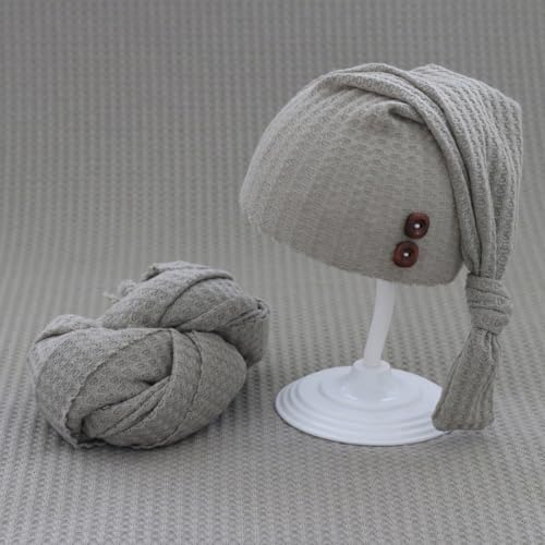 Newborn Photography Props Swaddle Wraps with Hats for Baby Boys Girls Photo Props Shoot Newborn Waffle Texture Knit Blanket (Grey) - color: Grey