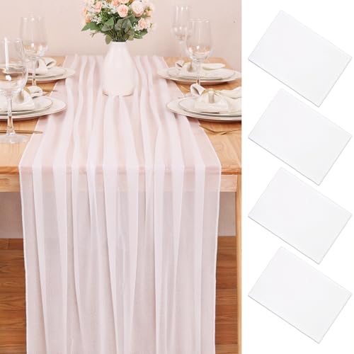 4 Pcs 10FT White Chiffon Table Runners 30x120 Inches Boho Romantic Sheer Fabric Table Runner for Wedding Baby Bridal Shower Birthday Party Decorations - color: White, size: 10FT × 4pcs