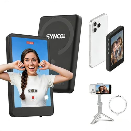 Synco XView Selfie Monitor Screen for iPhone 7-16 Series, Secure Private Wireless P2P, 4K/1080p Magnetic Back Camera Vlog Monitor with 164FT Range for YouTube TikTok (Matte Black) - color: Matte Black