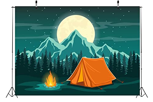 BELECO 10x8ft Fabric Cartoon Camping Backdrop for Photography Forest Scene Mountain Scenery Starry Night Full Moon Background Camping Themed Baby Shower Baby Kids Birthday Party Decoration Backdrop - size: 10x8FT