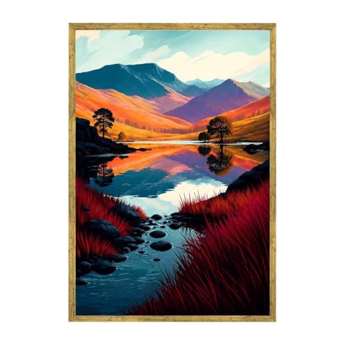 Framed Autumn Mountain Lake Landscape Canvas Print Modern Minimalist Poster Painting Wall Art Stunning Wall Decor for Living Room Bedroom Home Decor Pictures (12L x16W,Gold Framed) - size: 12l"x16w"