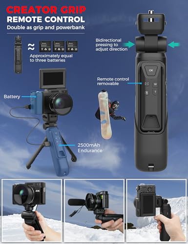 4K Digital Camera with Creator Accessory Kit 48MP Remote Control Vlogging Camera for Vloggers Autofocus Flip Screen Photography Cameras with Tripod Grip, Wide-angle & Macro lens, Mic, Batteries