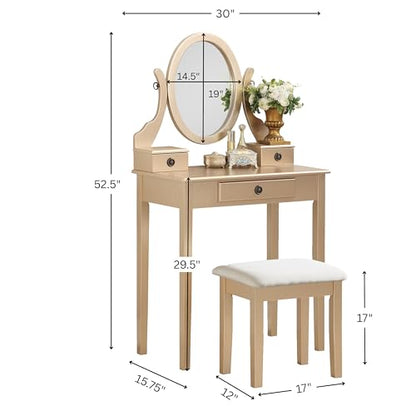 Roundhill Furniture Moniys Wood Moniya Makeup Vanity Table and Stool Set, Gold - color: Gold