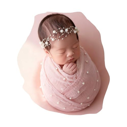 Baby Photo Shoot Props for Newborn Infant|Newborn Photography Wrap Pearl Raw Edge Swaddling Blanket & Headband Set (Baby Pink) - color: Baby Pink