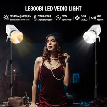 GODOX 3Pack LE300Bi Light Kit, Godox Litemons LE300Bi Video Light with Softbox Light Stand, Bowens Mount, DMX/Bluetooth APP Control, NFC Connection, 2800K~6500K, 58900Lux@1m, CRI/TLCI98, 11 Fx Effects