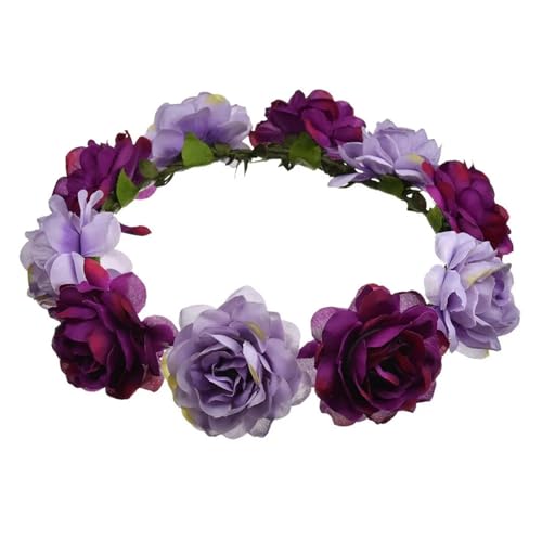 Colorful Rose Flower Crown Wreath Festival Wedding Flower Crown Photo Props Rose Green Leaf Floral Headpiece Hair Wreath Spring(Light yellow) - color: Light yellow