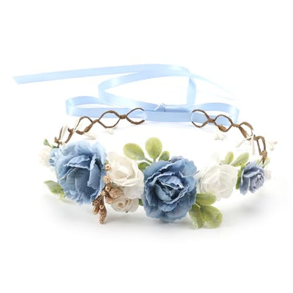Flower Girl Flower Crown Pink Baby Girls Floral Headpieces Kids Headband Children Hair Wreath Photo Prop (Dusty Blue-Child Size) - color: Dusty Blue