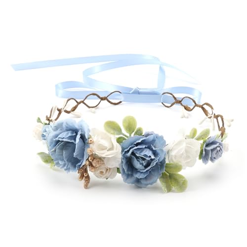 Flower Girl Flower Crown Pink Baby Girls Floral Headpieces Kids Headband Children Hair Wreath Photo Prop (Dusty Blue-Child Size) - color: Dusty Blue