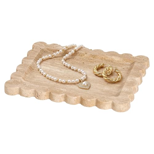 Travertine Tray, 11"x8.3" Natural Marble Scalloped Tray for Jewelry Cosmetics Perfume Trinket, Stone Vanity Tray for Countertop Bathroom Kitchen Dresser, Travertine Decor(Beige) - color: Travertine, size: 11" x 8.3" x 0.8"