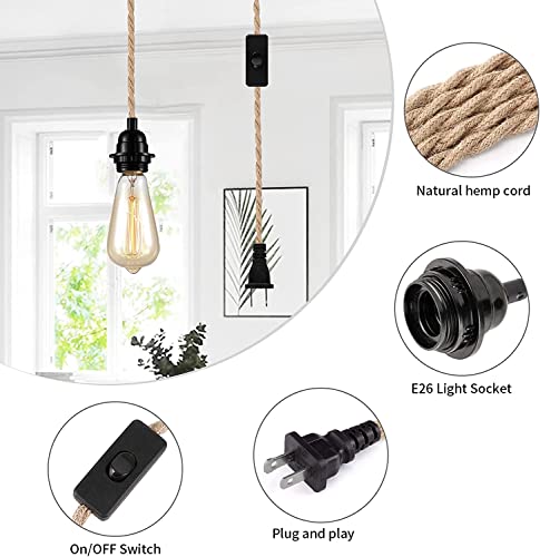 Industrial Hanging Light with Plug in Cord - Hemp Rope On/Off Switch, Farmhouse Pendant Light for Dining Room - color: 2 Pack 15Ft hemp rope