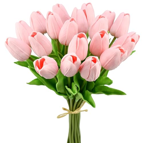 Mandy's Light Pink Artificial Tulips Flowers Centerpiece, 13.5" Lifelike PU Fake Floral Stems 20pcs for Kitchen Island & Dining Table, Spring Decor for Easter - color: Light Pink