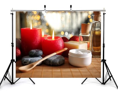 12x10ft Red Spa with Candles and Skincare Products Backdrop Festive Relaxing Photography Background for Holiday Event Birthday Party Decorations Banner Photo Booth Props - size: 12x10ft