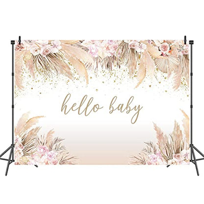 Mocsicka Boho Hello Baby Theme Backdrop Boho Chic Pink Flowers Baby Shower Background Girls Welcome Oh Sweet Baby Party Cake Table Decorations Photo Booth (8x6ft) - size: 8x6ft