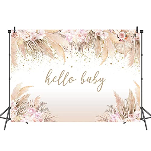 Mocsicka Boho Hello Baby Theme Backdrop Boho Chic Pink Flowers Baby Shower Background Girls Welcome Oh Sweet Baby Party Cake Table Decorations Photo Booth (10x7ft) - size: 10x7ft