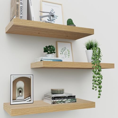 Upassion Floating Shelves for Wall Set of 3, 16" Light Brown Wood Wall Shelves for Home Decor, Frame Display Floating Shelf for Living Room, Bedroom, Bathroom, Kitchen - color: Light Ash, size: 16 Inch
