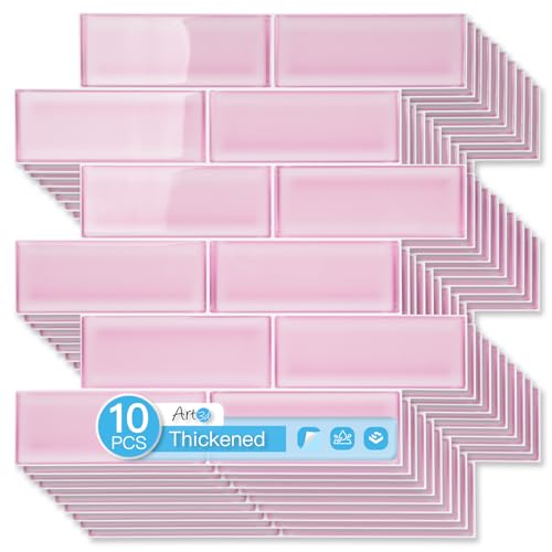 Art3d 10-Pack Heavy-Duty Peel and Stick Backsplash, 12 x 12 Inch Vinyl Seaglass Subway Design Stick on Wall Tile for Kitchen Living Room Home Decor, Pink - color: Pink