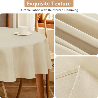 Seenus Textured 60 Inch Beige Round Tablecloth fits 30'' to 48'' Table, Water Resistant and Wipeable Circular Tablecloth, Anti-Scratch Faux Linen Fabric for 2-4 Seats Dining Table Kitchen Patio - color: Beige, size: 60" (Round)