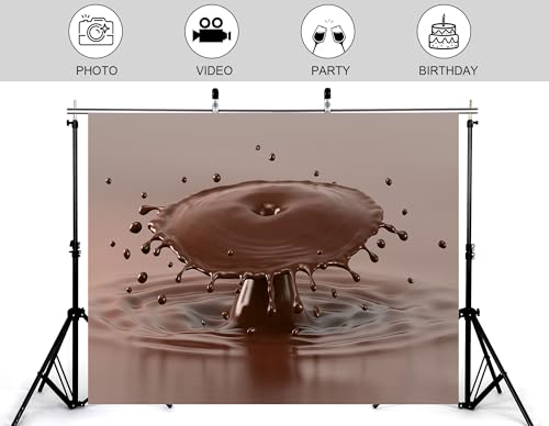8x6ft Melted Chocolate Splash with Flying Droplets Backdrop Smooth Rich Brown Liquid Texture Photography Background for Dessert Baking Themed Party Decorations Banner Photo Booth Props - size: 8x6ft