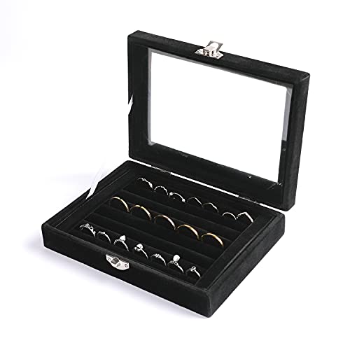 Frebeauty Rings/Earring Organizer Tray with Clear Lid,7 Slots Ring Box Velvet Ring Holder Drawer Insert Jewelry Storage Box Jewelry Display Case Jewelry Box Gift for Women and Girls(Black,7 Slots) - color: Black, size: 7 Slots