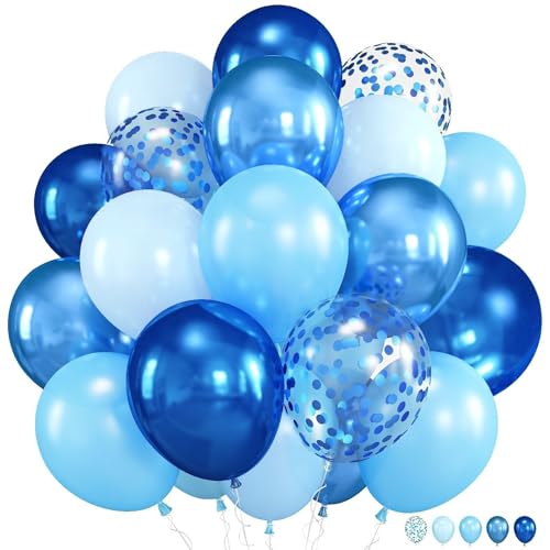 Blue Balloons, 12 Inch Double Stuffed Metallic Light Blue Mixed Latex Balloon, Chrome Dark Navy Confetti Helium Balloons for Boys Men Birthday Baby Shower Graduation Space Theme Party Decorations - color: Blue
