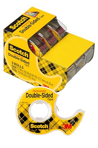 Scotch Double-Sided Tape, 1/2 in x 250 in (12.7 mm x 6.35 m), 3 Pack - size: 0.5 in x 250 in (3 Rolls)