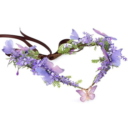 MOSTORY Handmade Fairy Butterfly Crown - Elf Flower Hadpiece Elven Headband for Women s Spring Wedding Maternity Shoot - color: Purple