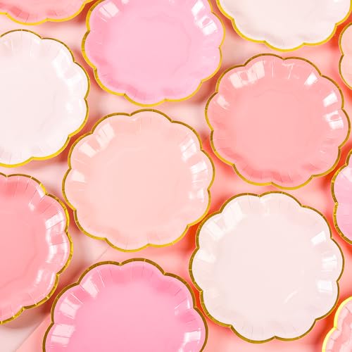AimFun 48 Pcs Pink Party Plates Gradient Pink Dessert Paper Plates 7inch Gold Foil Scalloped Edge Disposable Cake Plates for Mothers Day Birthday Bridal Baby Shower Wedding Party Supplies - color: Pink