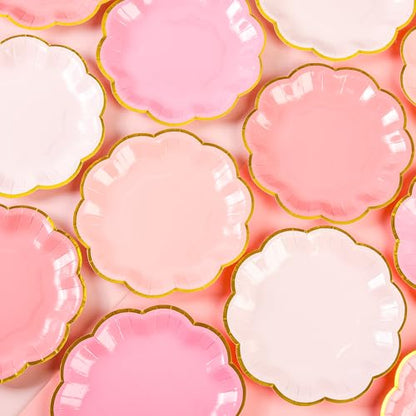 AimFun 48 Pcs Pink Party Plates Gradient Pink Dessert Paper Plates 7inch Gold Foil Scalloped Edge Disposable Cake Plates for Mothers Day Birthday Bridal Baby Shower Wedding Party Supplies - color: Pink