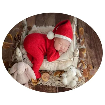 Christmas Newborn Baby Photo Shoot Props Outfits Crochet Clothes Santa Claus Red Hat Pants Photography Props - color: Red E
