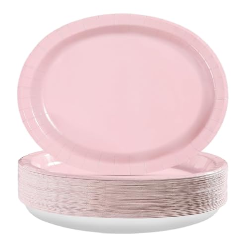 Grencian 50Pcs Pink Oval Paper Plates 10" x 12" Large Disposable 400GSM Heavy Duty Light Pink Paper Plates for Valentine's Day Girls Women Birthday Wedding Bridal Shower Baby Shower Party Supplies - style: Pink Oval Plates Set
