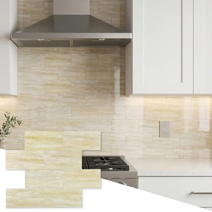 20 Sheets Polished Marble Beige PVC Subway Tiles Peel and Stick Backsplash,12''Heat Resistant Stick on Tiles for Kitchen,Waterproof Peel and Stick Wall Tiles for Bathrrom - color: Polished Marble Beige
