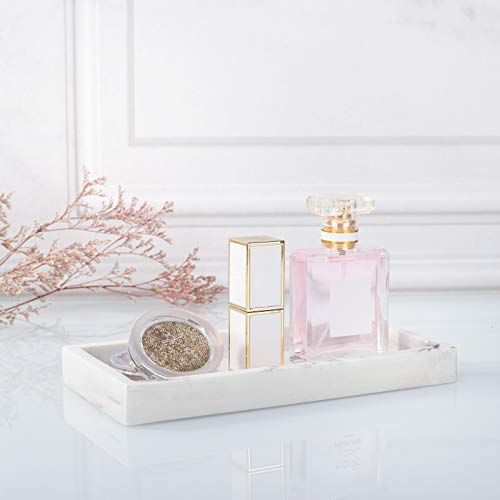 Emibele Vanity Tray, 8" Rectangular Resin Bathroom Kitchen Sink Counter Organizer Tray Dresser Tray Jewelry Ring Dish Holder Cosmetic Tray for Perfume Candle Small Plant Home Decor, Mini, Gravel White - color: Gravel White, size: 7.7" x 3.9" x 0.8"