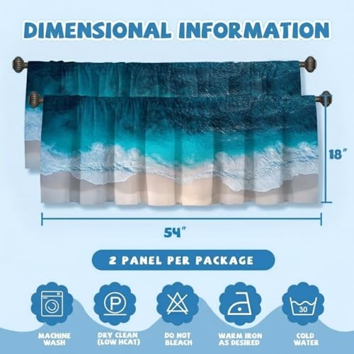 Ocean Curtain, Two-Pack, Aerial Beach Wave Turquoise Sand Coastal View,Applicable to Bathroom, Bedroom, 54x18 inches. - color: Ocean