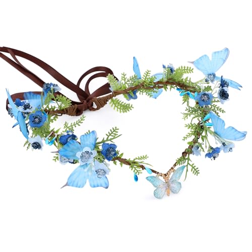 MOSTORY Handmade Fairy Butterfly Crown - Elf Flower Hadpiece Elven Headband for Women s Spring Wedding Maternity Shoot - color: Blue